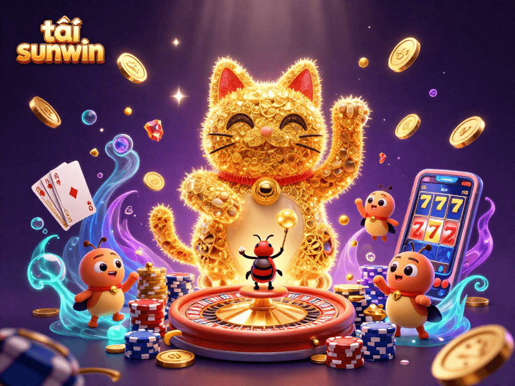 Play and win at tải sunwin with the giant lucky cat and vibrant casino elements.
