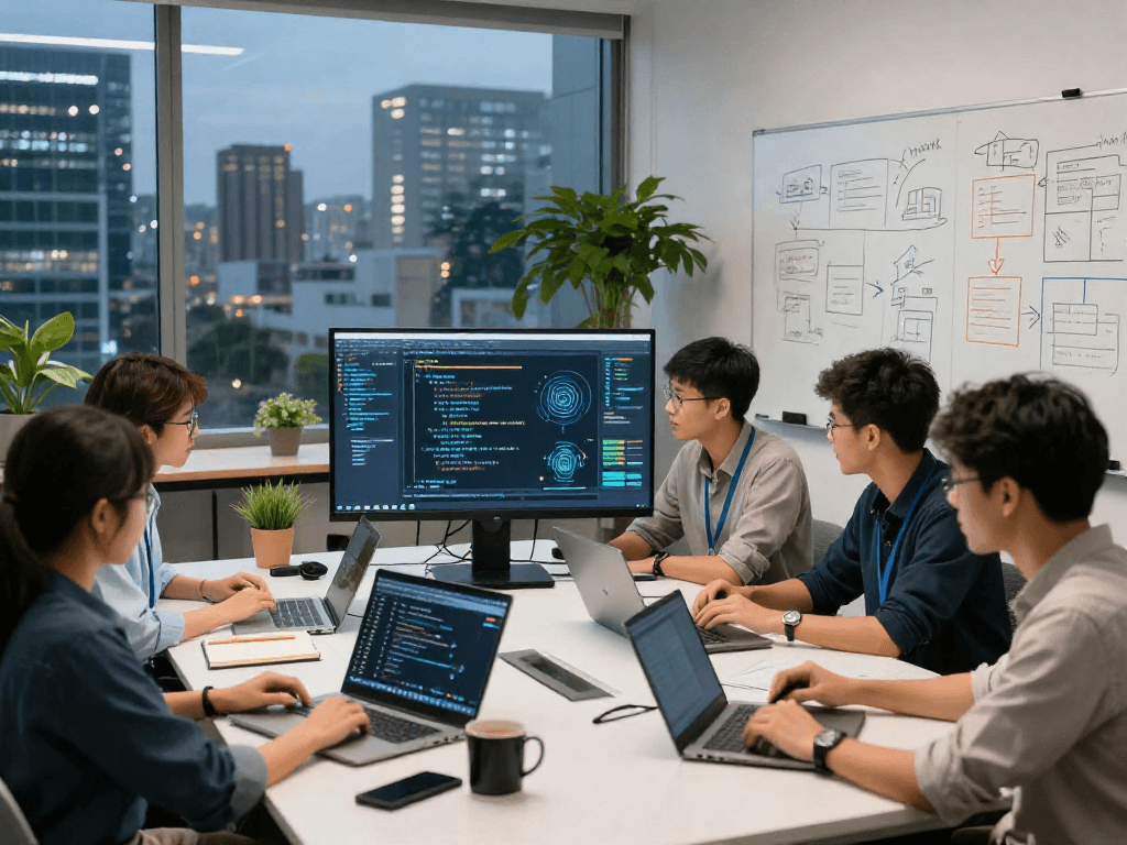 Group brainstorming session showcasing spicy AI development in a modern workspace.