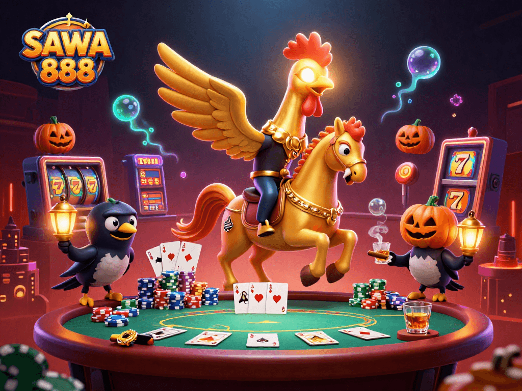 Engage with SAWA 888 at a vibrant midnight casino featuring a golden rooster and poker elements.