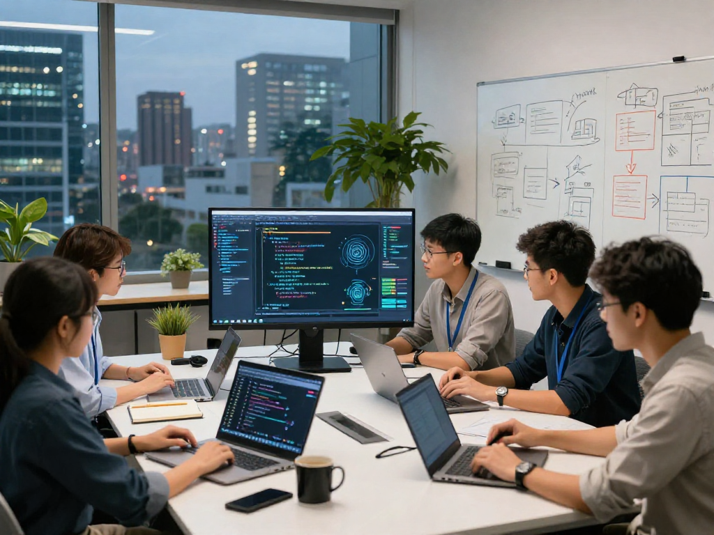 Group brainstorming session showcasing spicy AI development in a modern workspace.