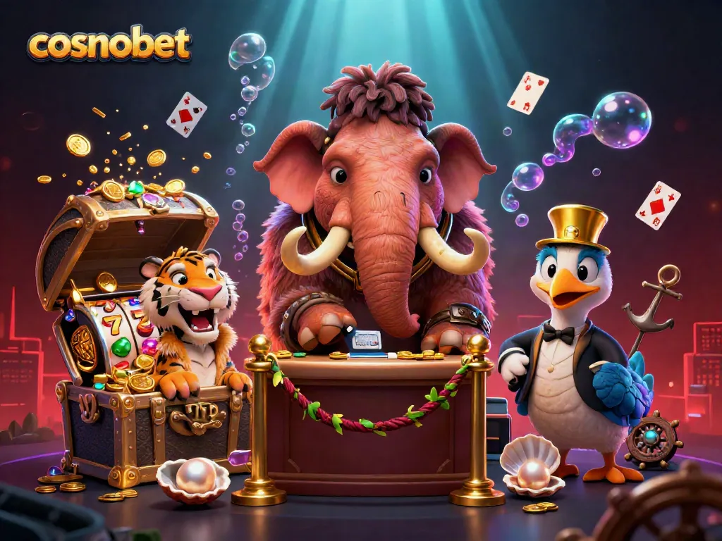 Experience casinos with cosmobet while a woolly mammoth checks IDs amidst riches and vibrant action.