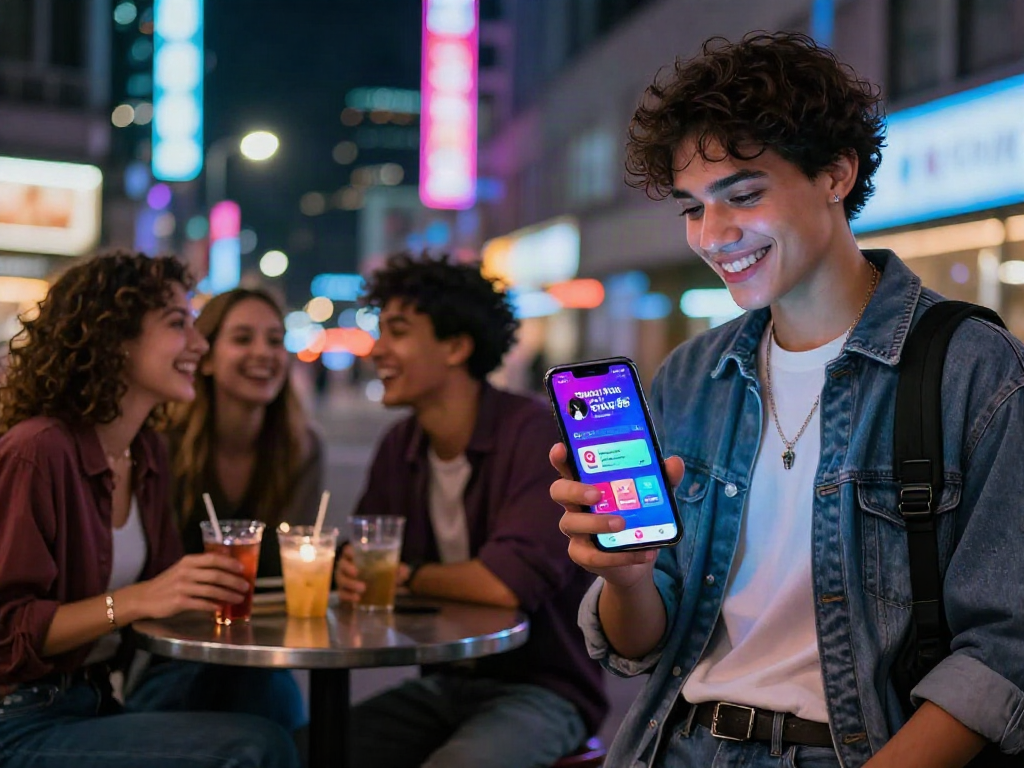 Engaging ai porn chat scene showing vibrant urban nightlife with friends and digital interface.