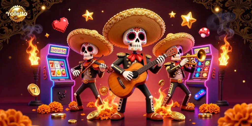 Experience the vibrant gaming excitement at rolletto with dynamic slot reels, jackpots, and mariachi band, delivering a unique gambling ambiance.