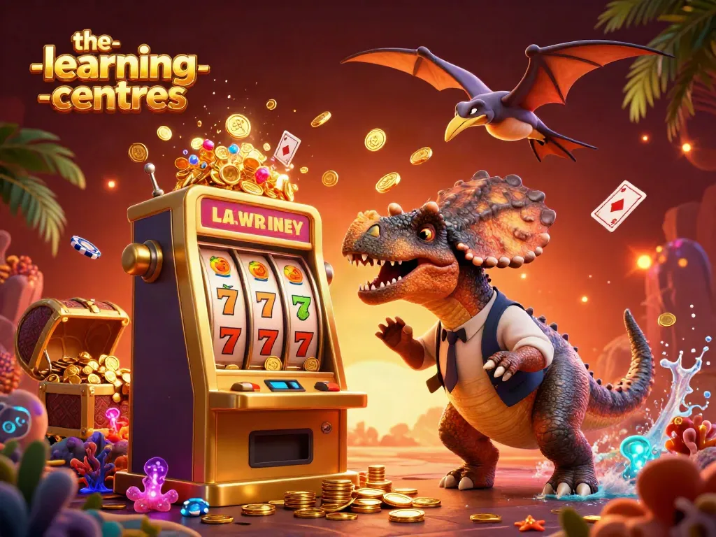The-learning-centres themed illustration of a dinosaur jackpot at a vibrant casino scene with dynamic gaming elements.