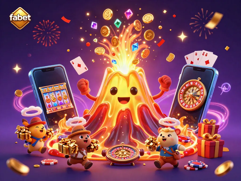Experience the thrill with fabet as a golden volcano erupts coins and treasures in a vibrant casino atmosphere.