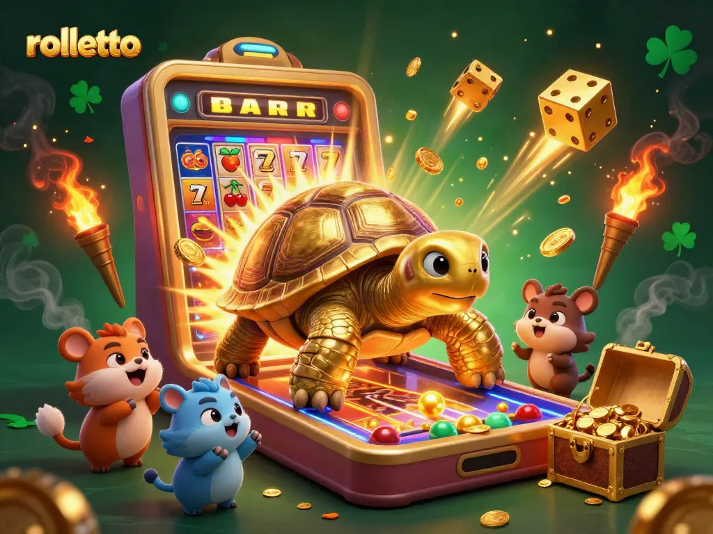 Engage in winning at Rolletto with a vibrant 3D casino scene featuring jackpot excitement and playful characters.