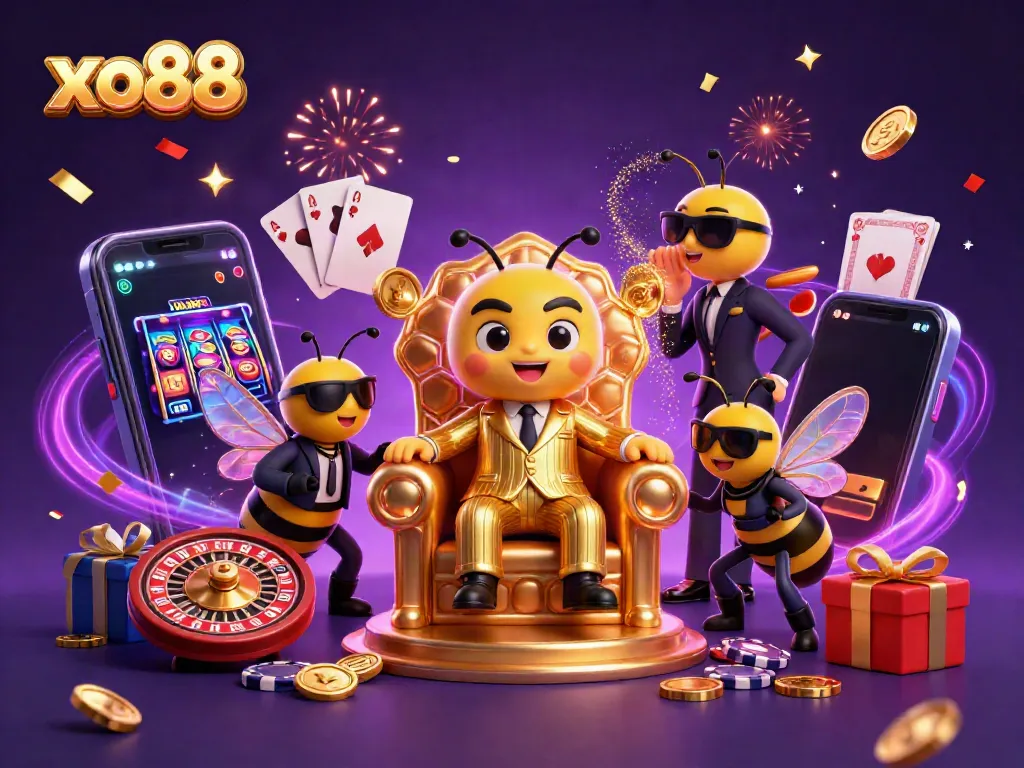 Engage in thrilling gaming at xo88 with a cartoon mob boss and vibrant casino elements.