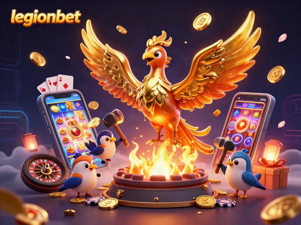 Experience the thrilling gaming world of legionbet with a phoenix and casino elements in vibrant 3D.