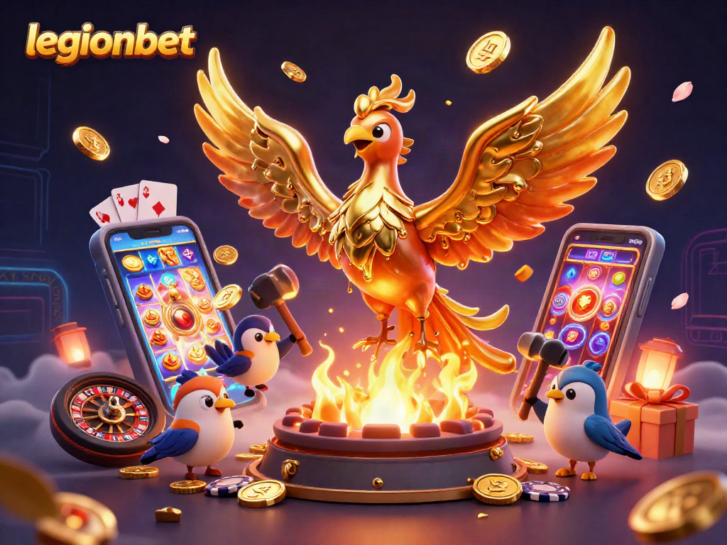 Experience the thrilling gaming world of legionbet with a phoenix and casino elements in vibrant 3D.