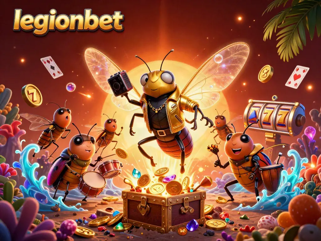 Experience the vibrant energy of legionbet with a buzzing cicada rock star and immersive casino elements.