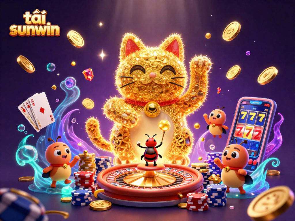 Play and win at tải sunwin with the giant lucky cat and vibrant casino elements.
