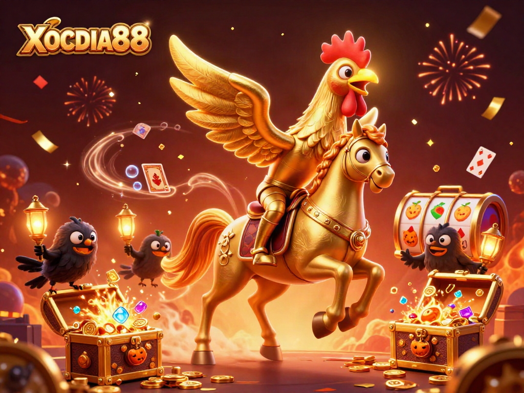 Experience the excitement of XOCDIA88 with a dynamic casino scene featuring golden rooster and thrilling gameplay.