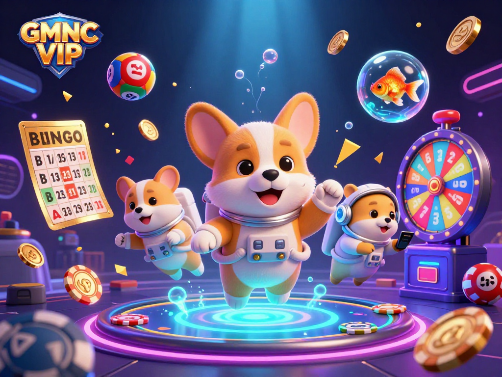 Experience the excitement of GMNC VIP with our vibrant casino scene featuring a floating astronaut corgi.