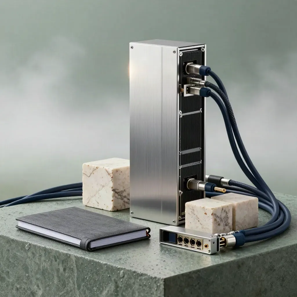 Server modules, cables and notebook in a misty studio hero still life for Orenda Data.