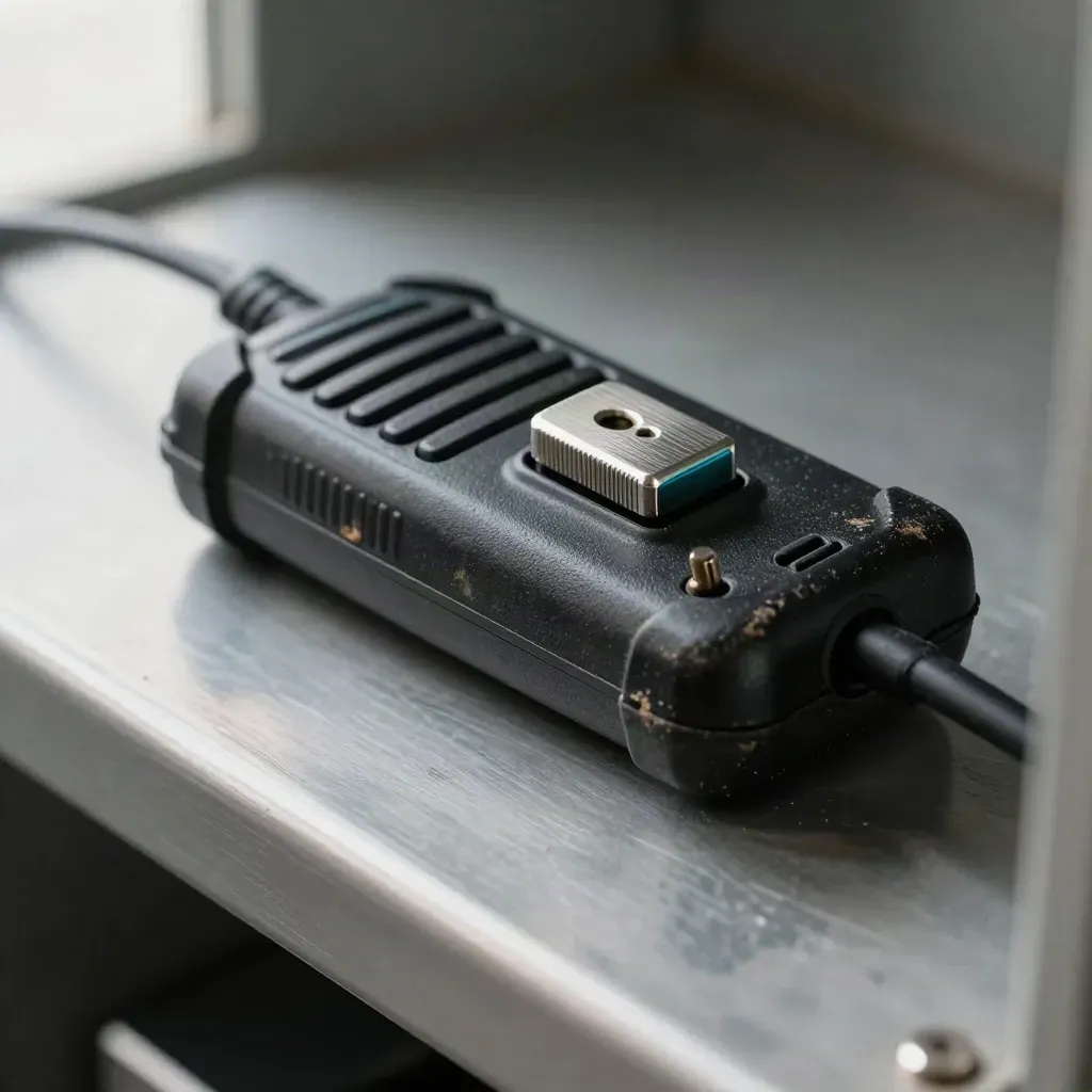 Macro of a rugged radio dock and keyed token on brushed steel, with teal accents and soft industrial haze