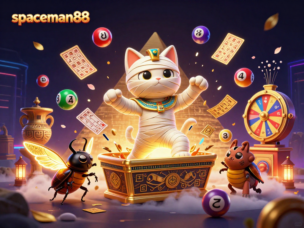 Experience the excitement of spaceman88 with vibrant lottery balls and a dynamic casino setting