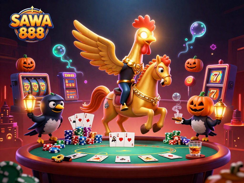 Engage with SAWA 888 at a vibrant midnight casino featuring a golden rooster and poker elements.