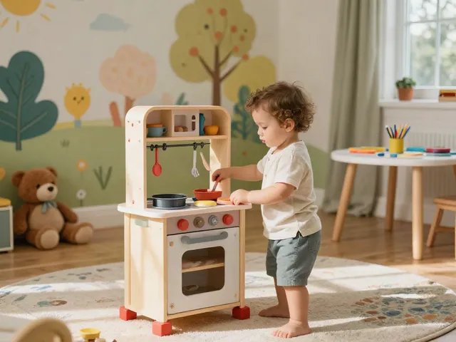 Toddler playing with a toy kitchen set in a colourful playroom filled with engaging toys.