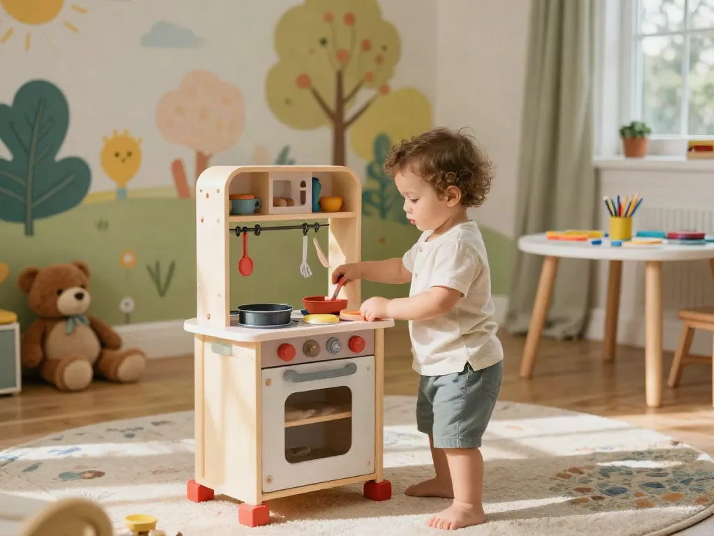 Toddler playing with a toy kitchen set in a colourful playroom filled with engaging toys.