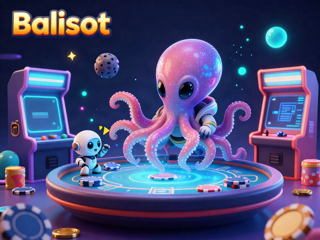 Experience Balislot's vibrant gaming scene with a cartoon alien octopus and its playful robot companion immersed in exciting casino action.