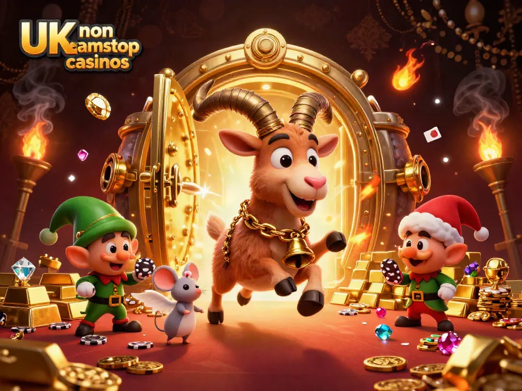 Engaging scene of UK non gamstop casinos featuring Krampus at a festive casino