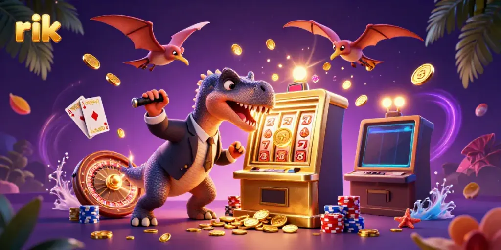 Exciting rik casino scene with a dinosaur winning jackpots and vibrant visuals.